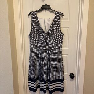 Lands' End Navy and White Patterned Knee Length Dress